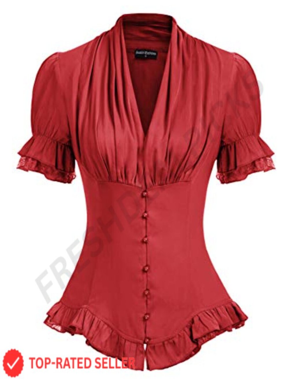Victorian Short Sleeve Blouse Button Down Work Top Ruffled